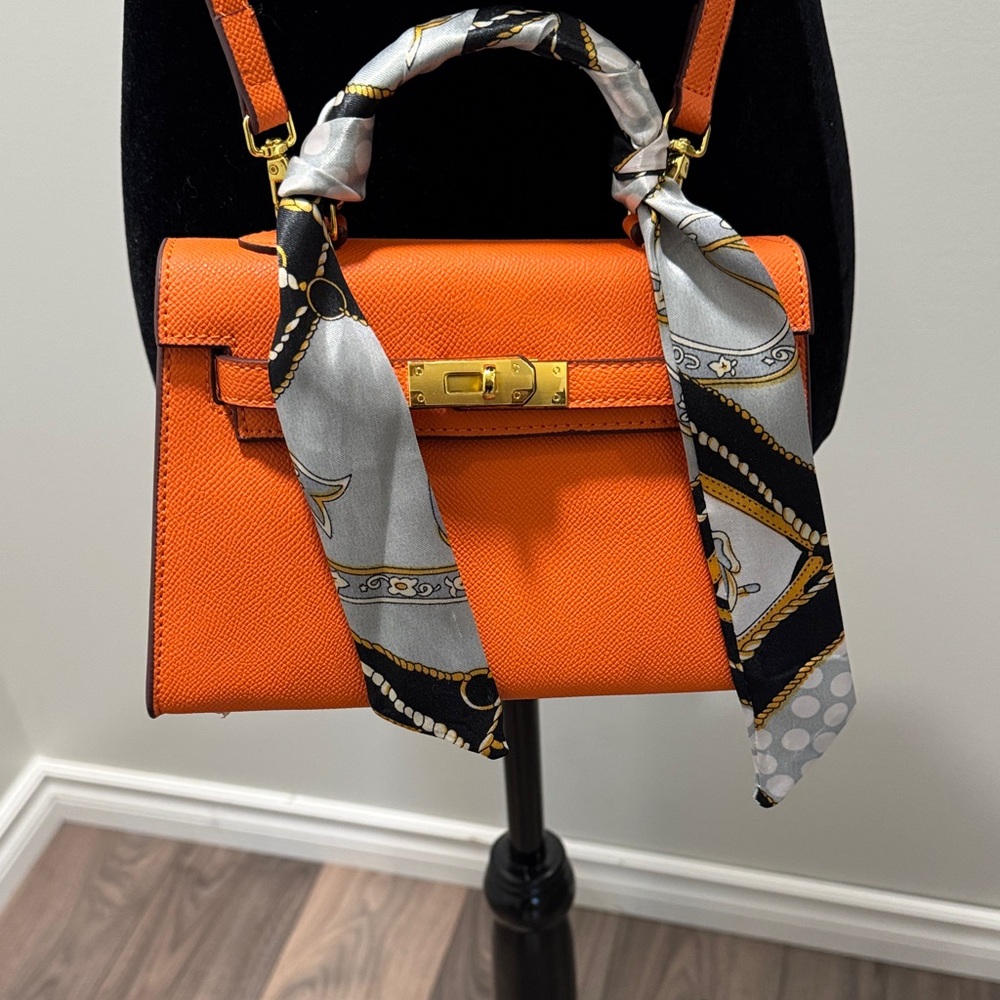 Orange Wirkin Top-Handle Bag with Printed Scarf